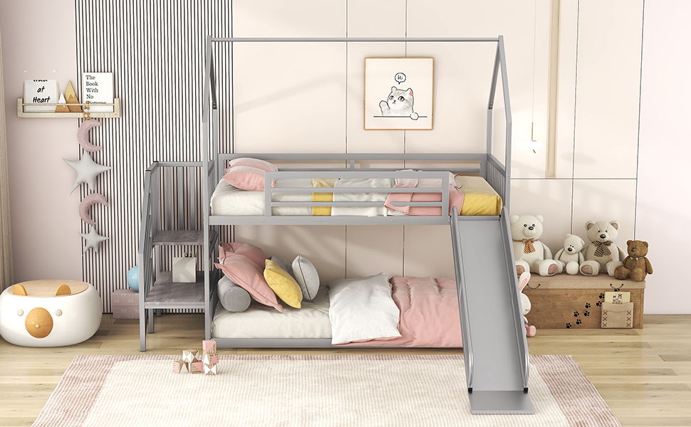 Twin Over Twin Metal Bunk Bed House Bed With Slide And Staircase