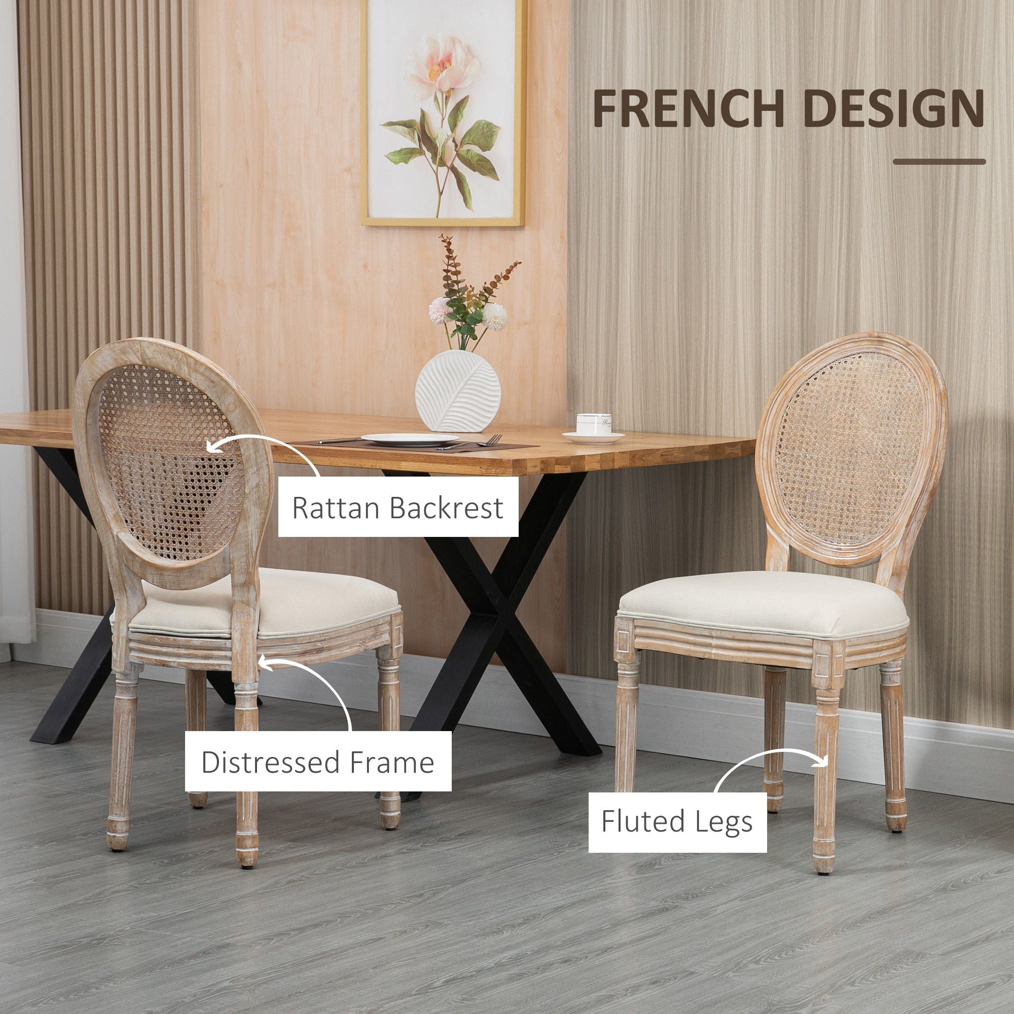 Homcom - French Style Upholstered Dining Chair Set, Armless Accent Side Chairs With Rattan Backrest And Linen-Touch Upholstery (Set of 2) - Cream White