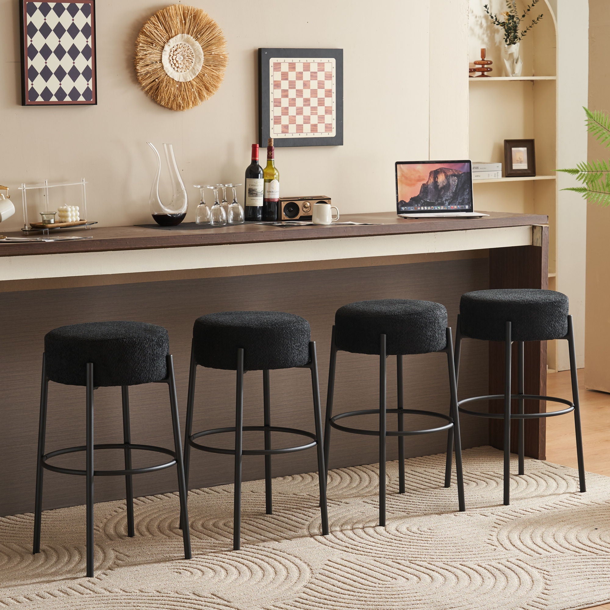 Round High Bar Stools (Set of 2), Contemporary Upholstered Dining Stools For Kitchens, Coffee Shops And Bar Stores