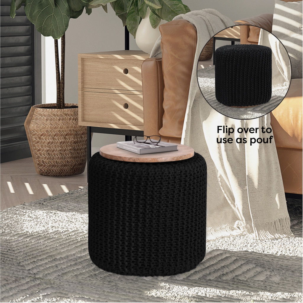 Cotton Blend Round Pouf Ottoman - Black