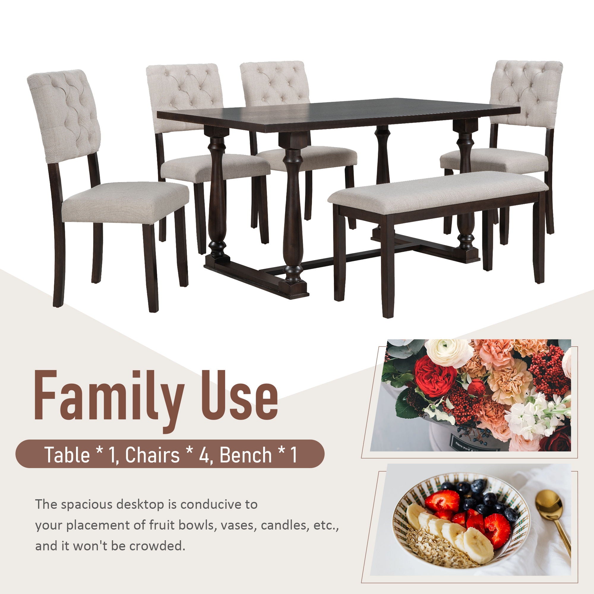 6 Piece Dining Table And Chair Set With Special-Shaped Legs And Foam-Covered Seat Backs&Cushions For Dining Room