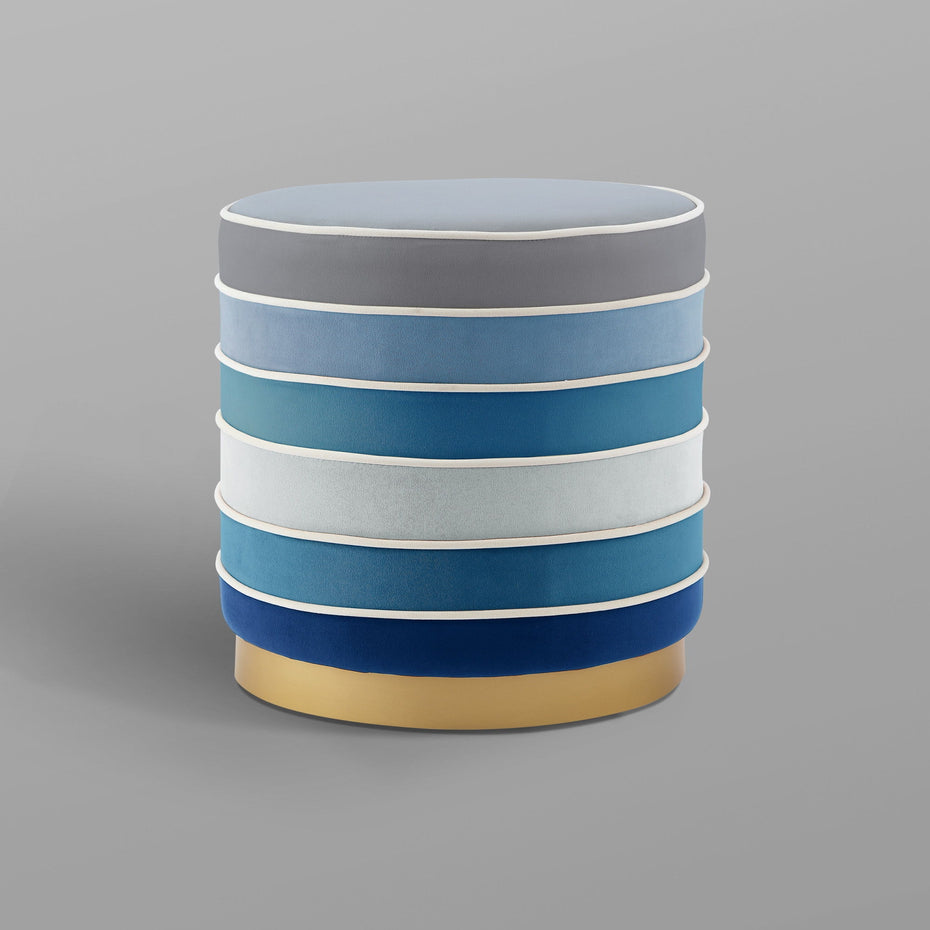 Velvet Round Striped Ottoman - Blue / Gold