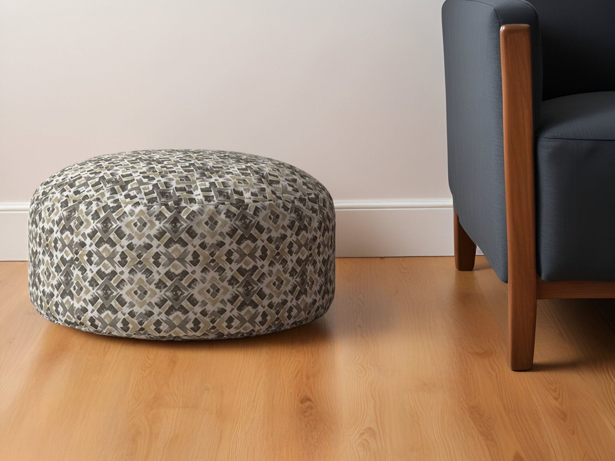 Cotton Round Geometric Pouf Ottoman - Beige