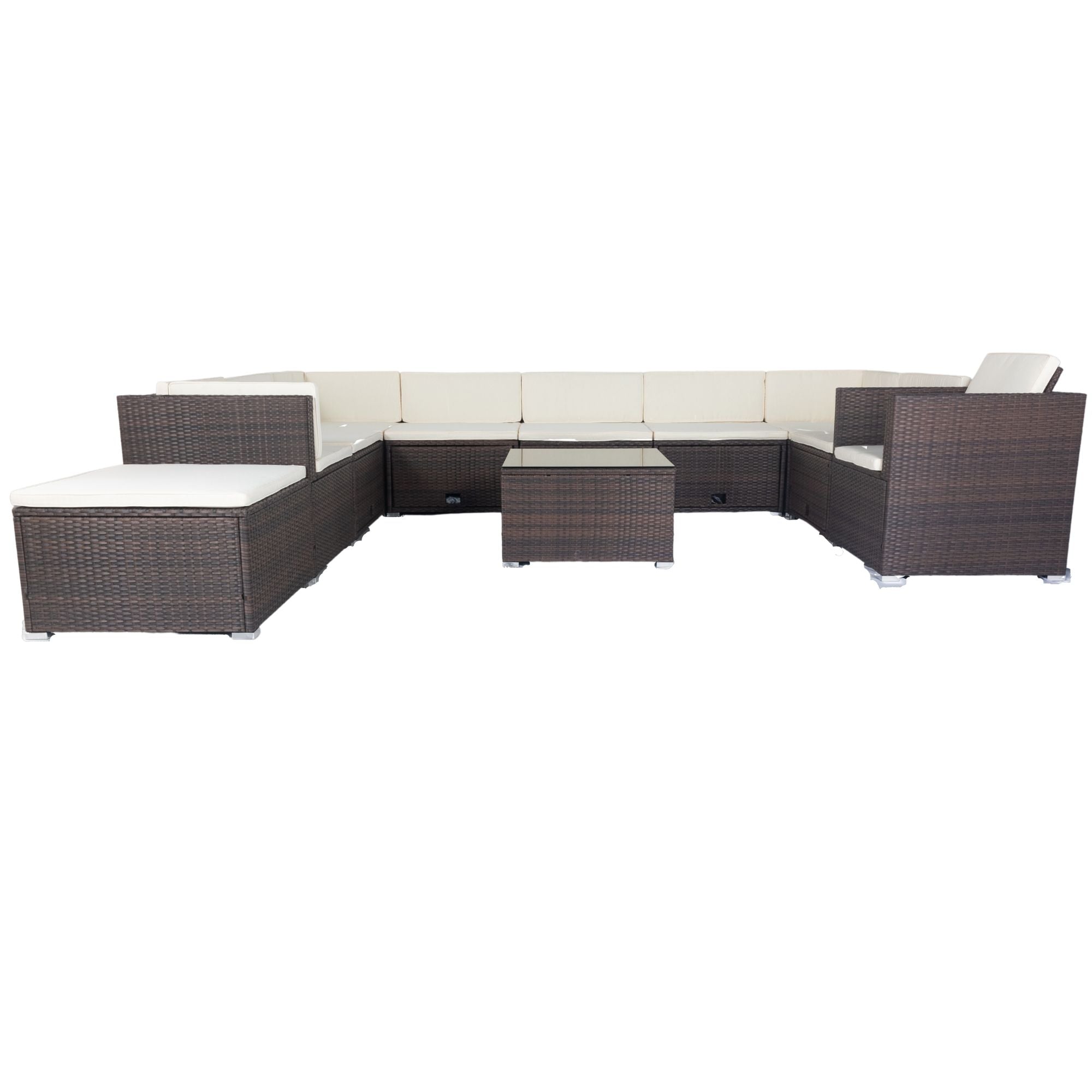 11 Piece Patio Wicker Conversation Set, 10 Seater Patio Sectional Set With 3 Storage Box Under Seat - Brown / White