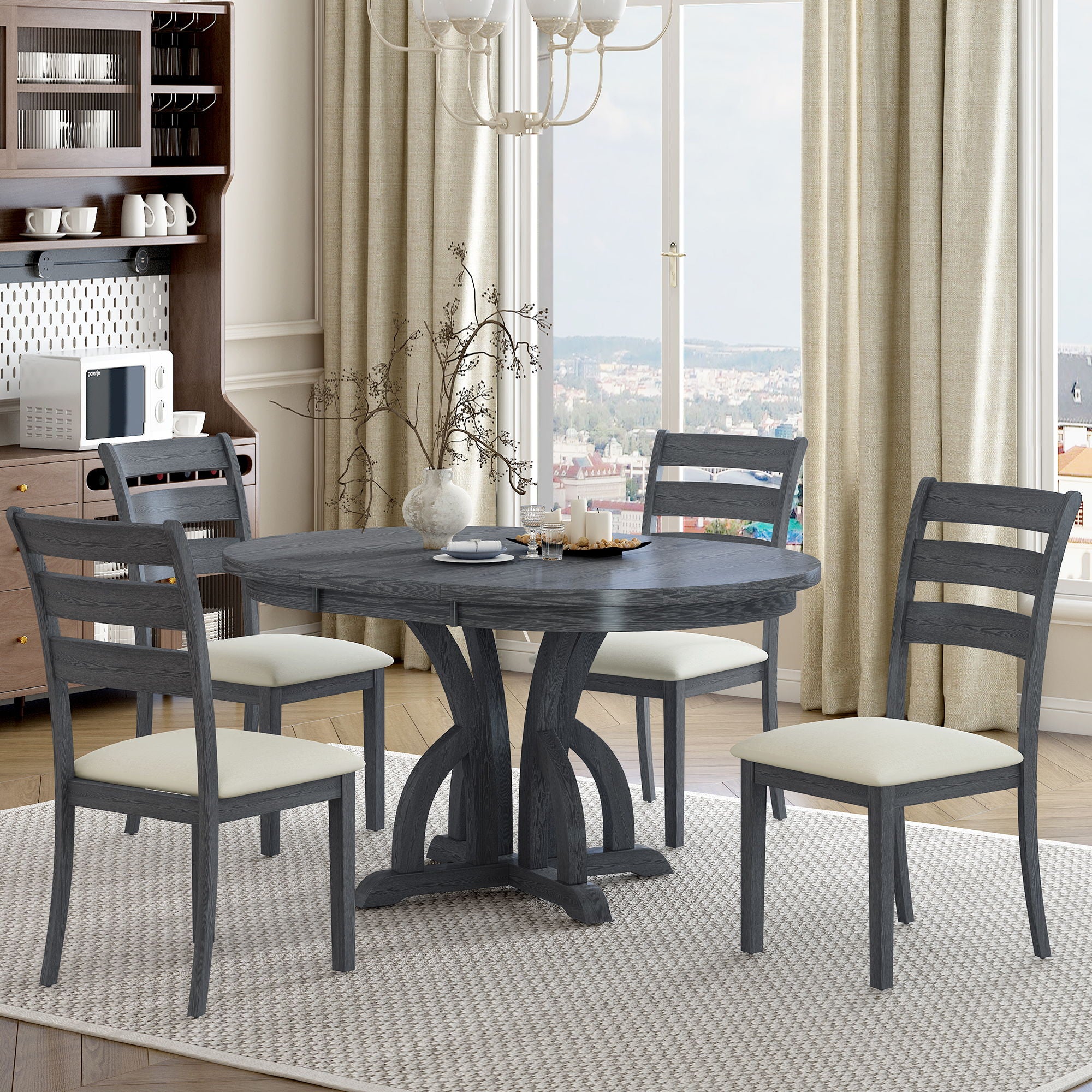 Topmax - 5 Piece Farmhouse Round Pedestal Extending Dining Table Set Extendable Kitchen Table Set With Removable Leaf And Ladder Back Dining Chairs For Small Places