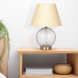 Serenity - Round Ribbed Lamp Base Clear Table Lamp Large Linen Shade - Clear / Gold / Natural