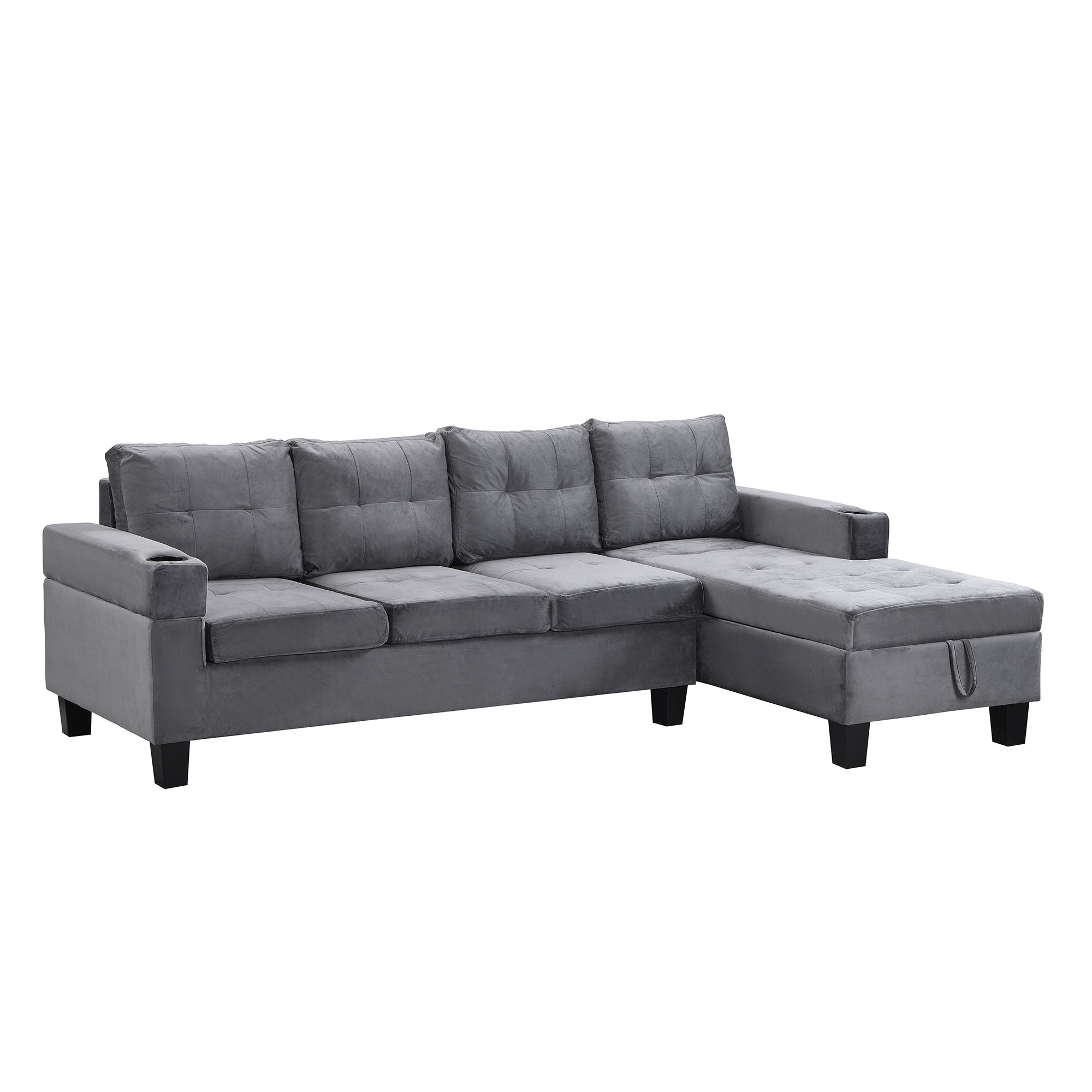 Modern 4 Seat Sectional Sofa With L Shape Right Lounge Storage Chaise, Cup Holder - Gray