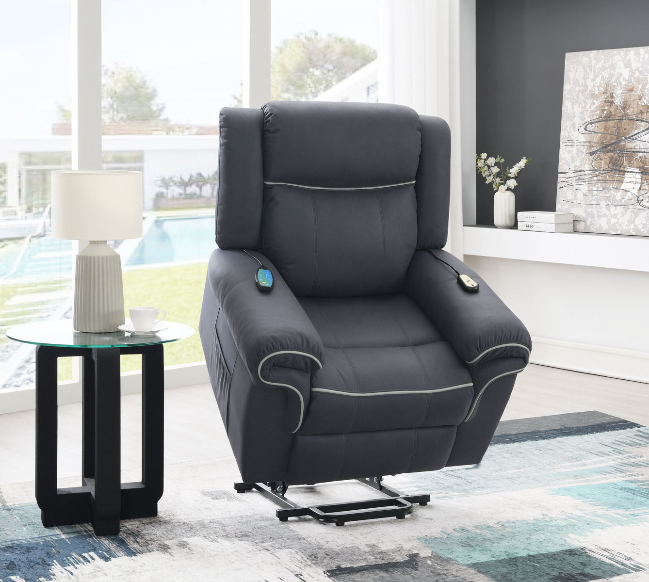 Domana - Polished Microfiber Power Nirion Recliner With Lift Heating Massage Chair - Dark Blue