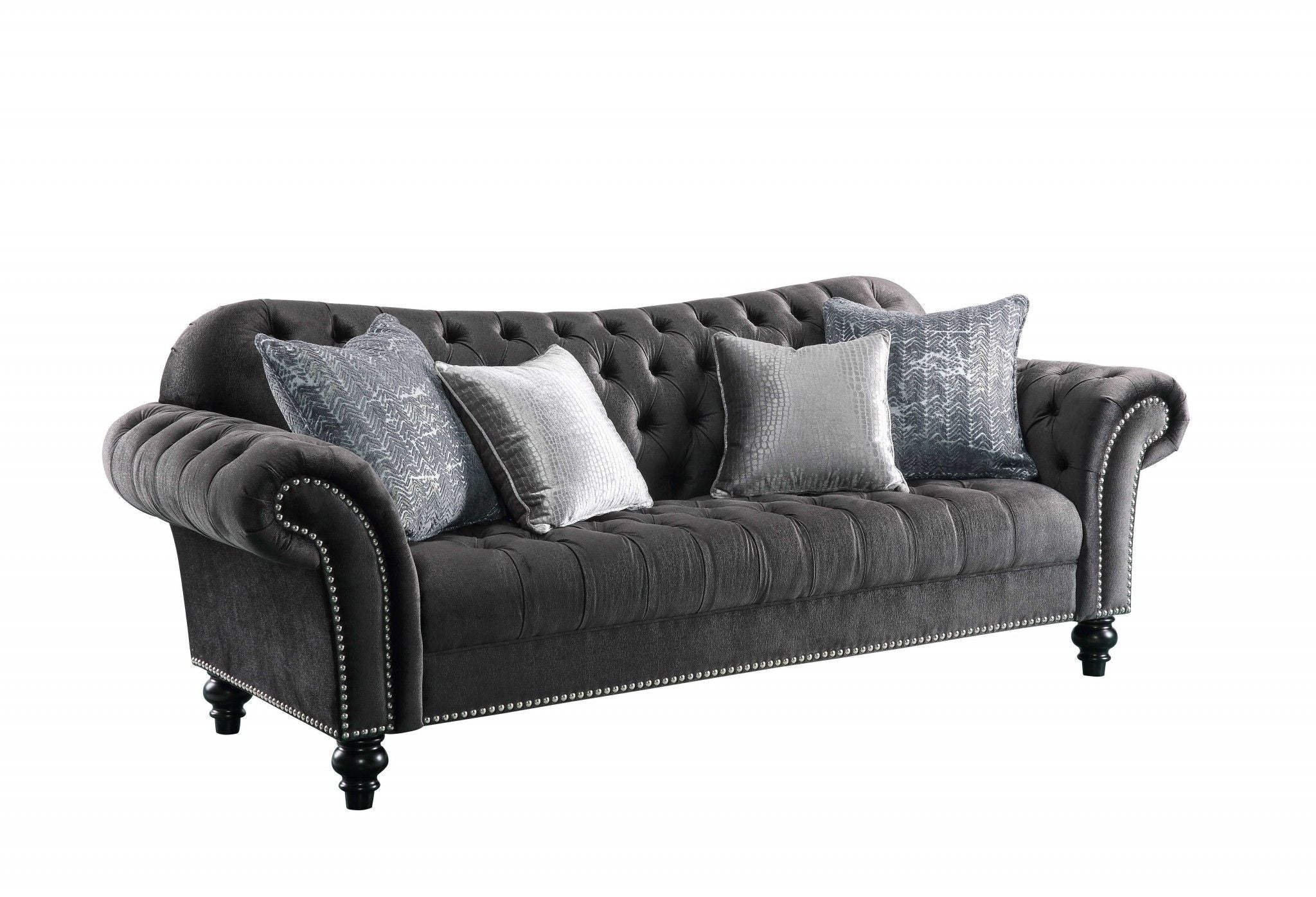 Velvet Sofa And Toss Pillows With Black Legs - Dark Gray