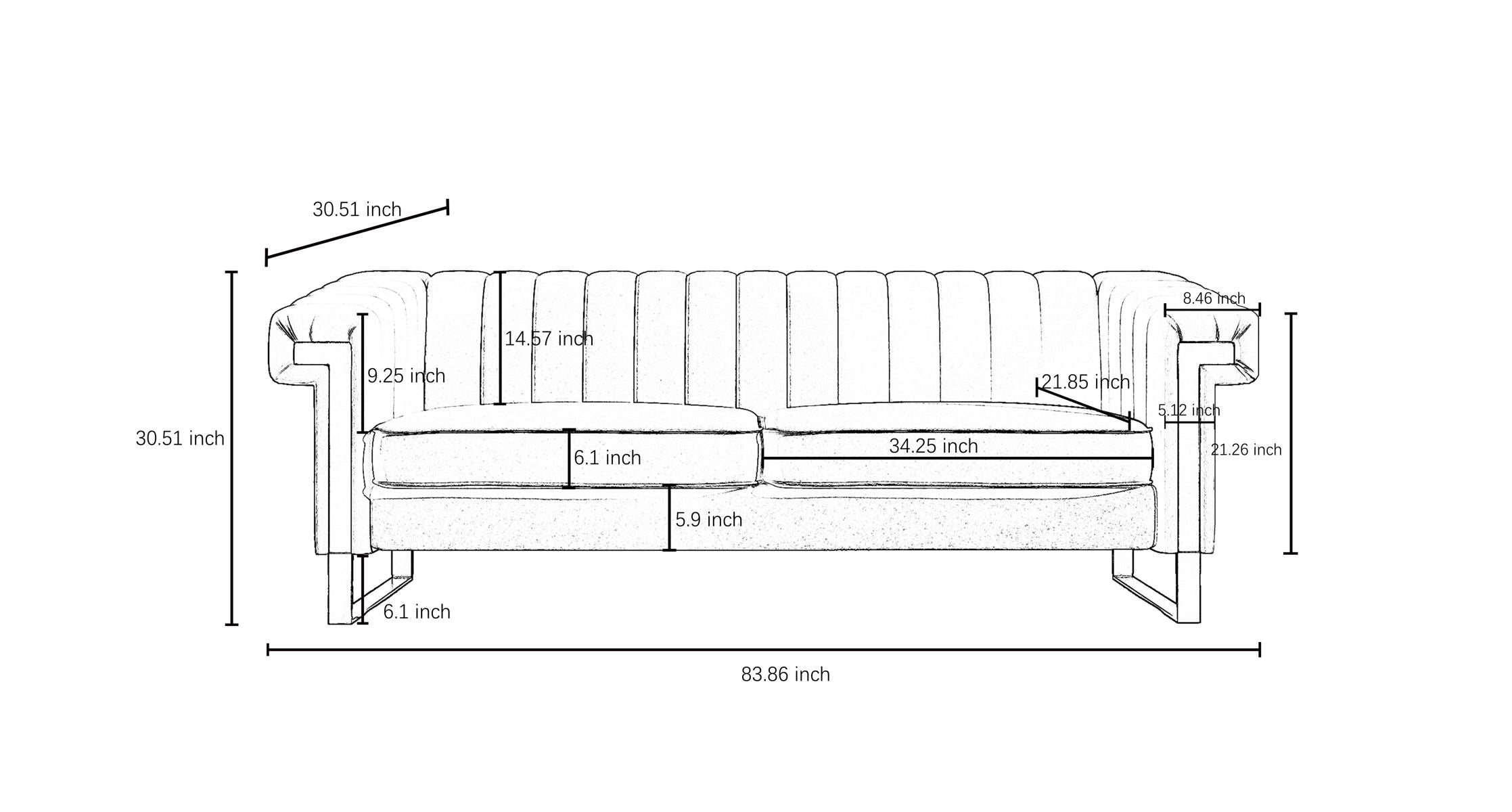 Sofa Modern Sofa With Gold Accents, Sleek Channel-Tufted Upholstery, 3 Seat Couch For Living Room And Office Decor