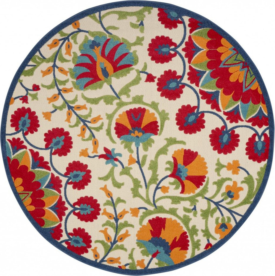 8' Round Round Floral Indoor / Outdoor Area Rug - Red / Ivory