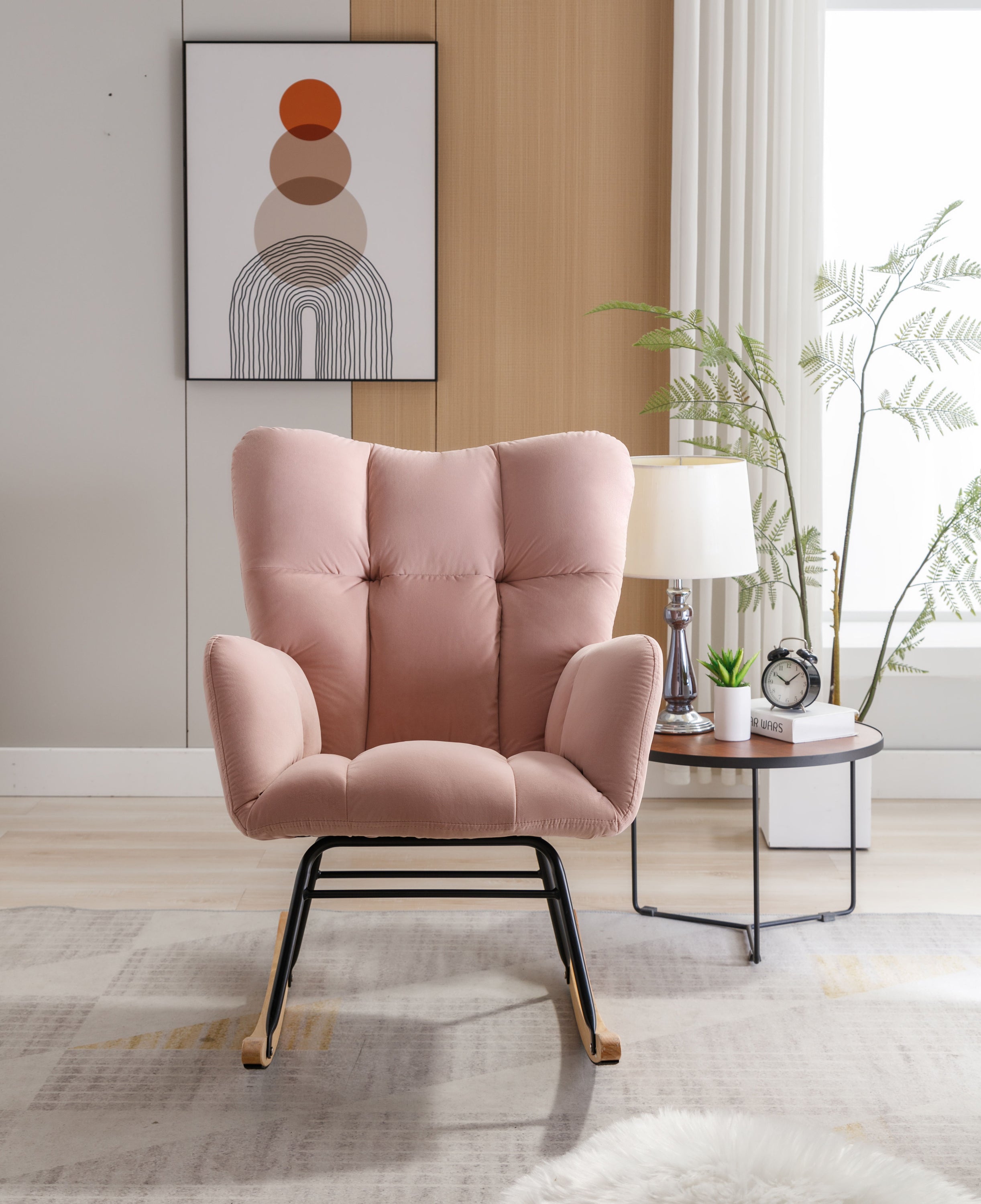 Mid-Century Modern Teddy Fabric Tufted Upholstered Rocking Chair Padded Seat For Living Room Bedroom