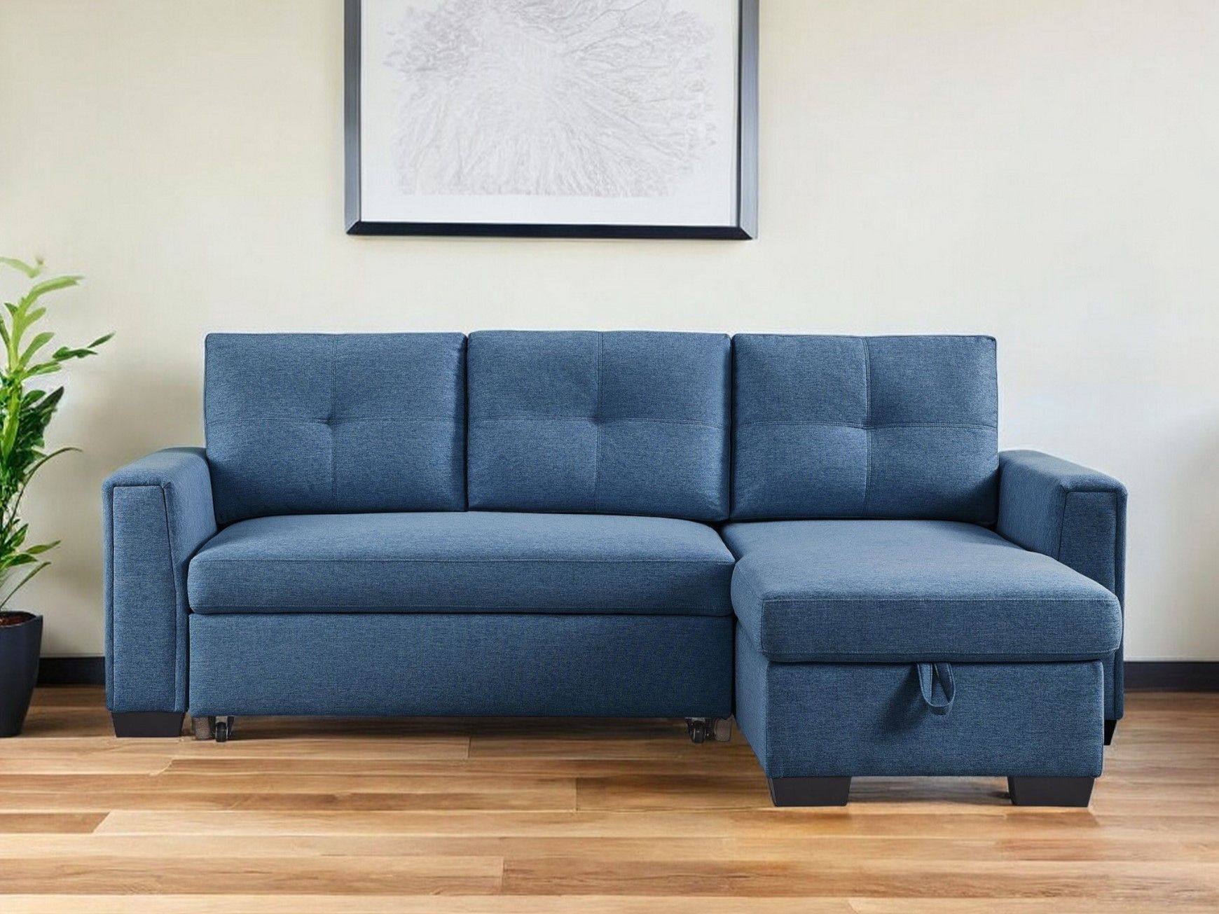 Polyester Blend Convertible Futon Sleeper Sofa With Black Legs - Blue