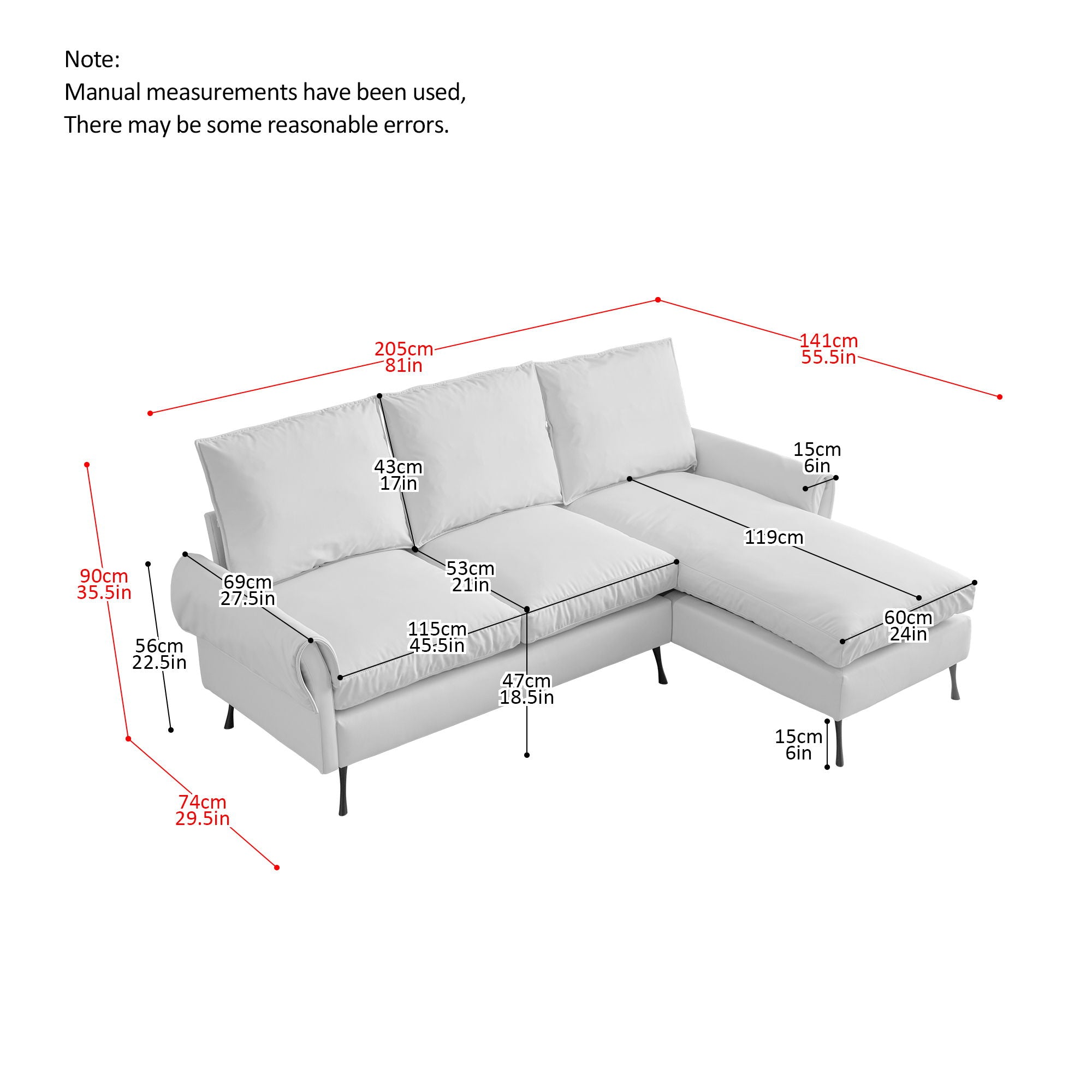 Modern Sectional Technical Leather L-Shaped Sofa Couch With Reversible Chaise Lounge