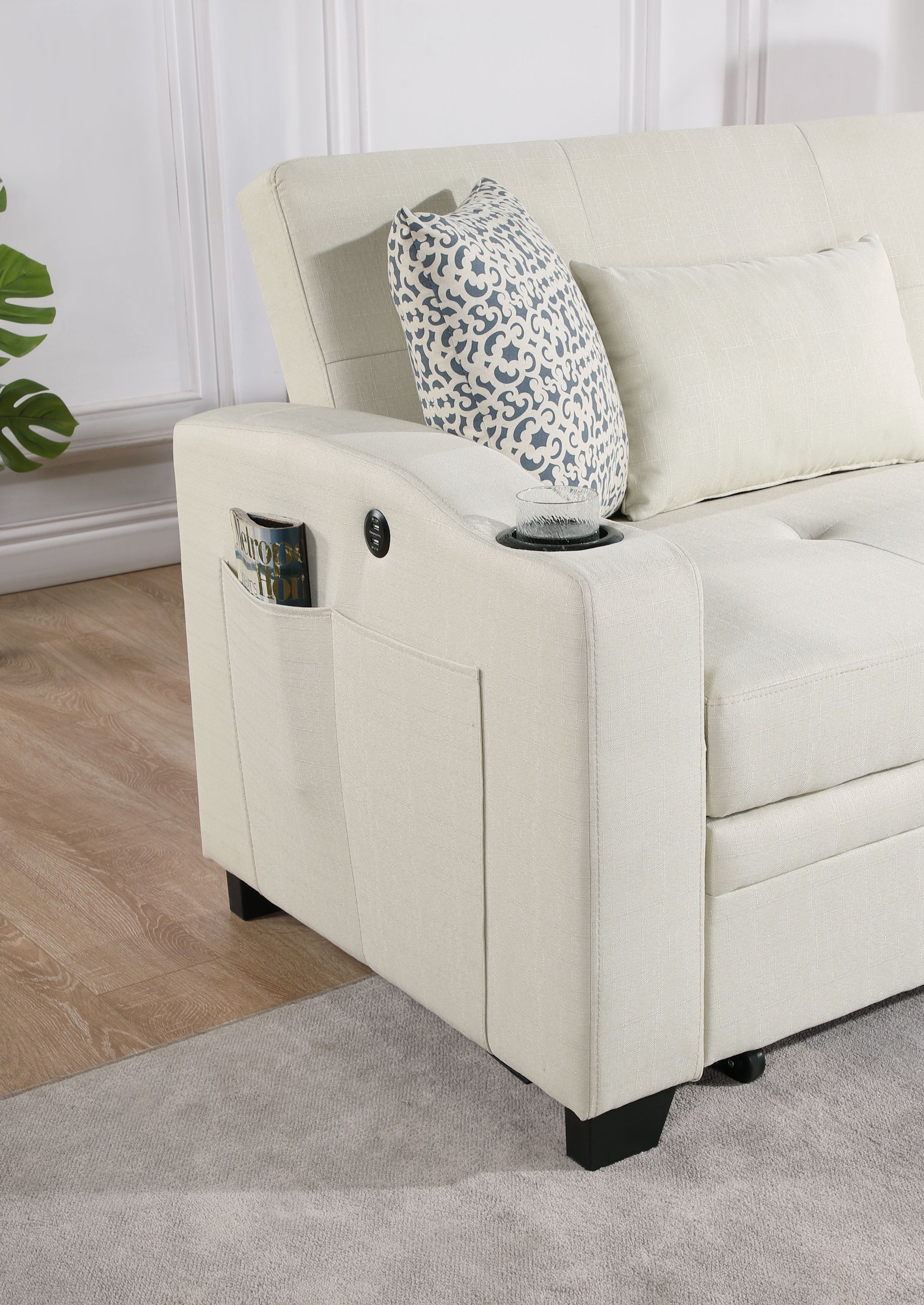 Bennett - 71"W Fabric Convertible Sleeper Loveseat with USB Charger and Cupholders