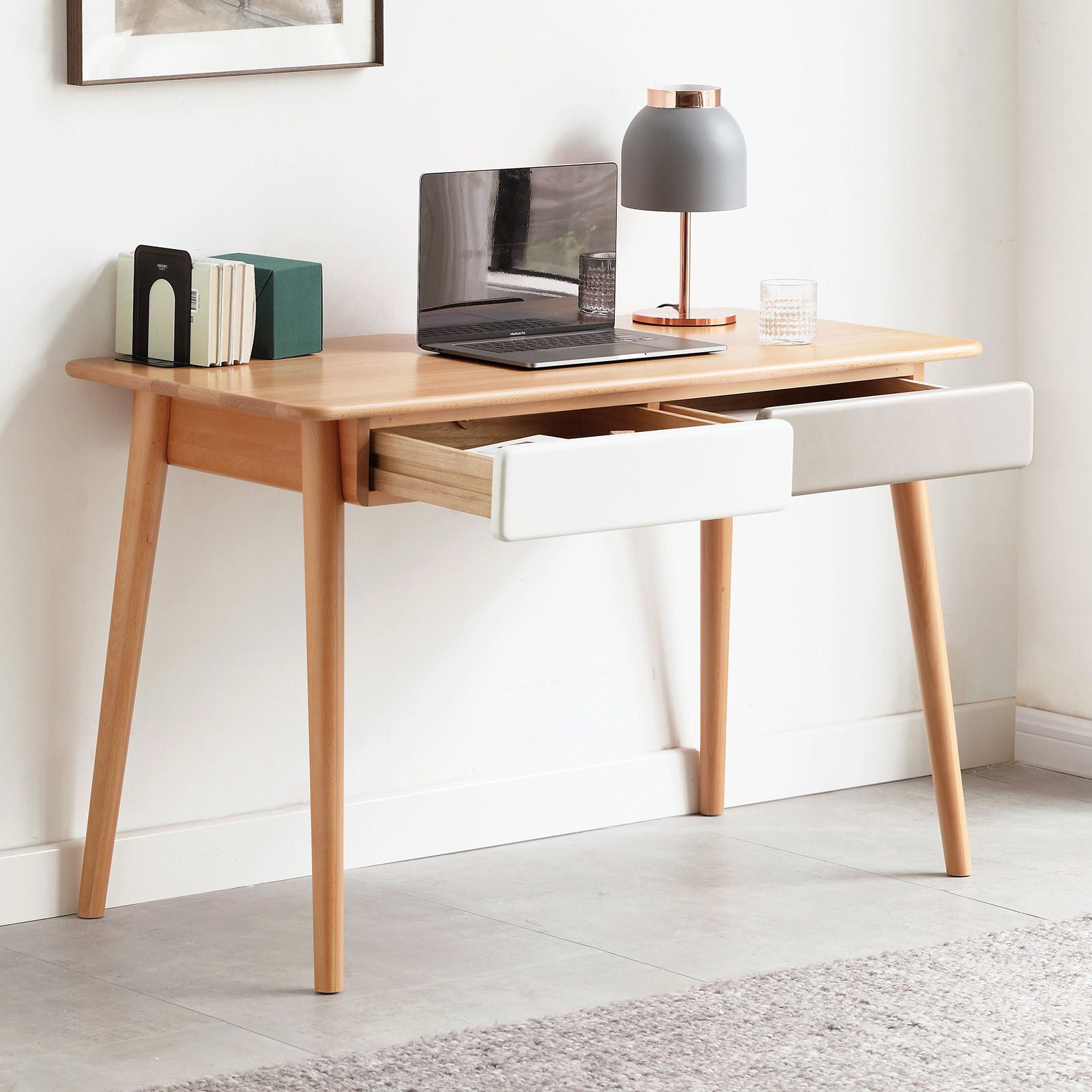 Computer Desk Large Size Office Desk With 2 Drawers, Modern Simple Style PC Table With Gap Design For Home Office - White / Gray