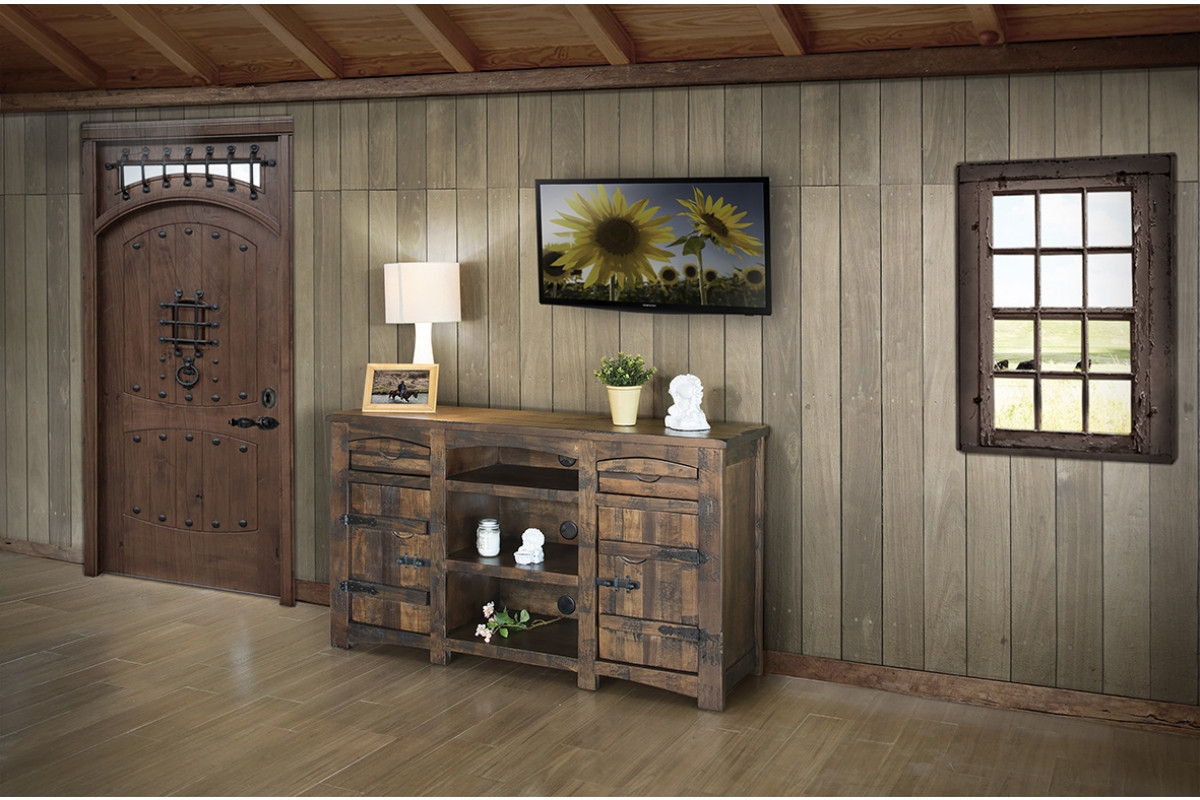 Solid Wood Cabinet Enclosed Storage, Distressed TV Stand - Brown