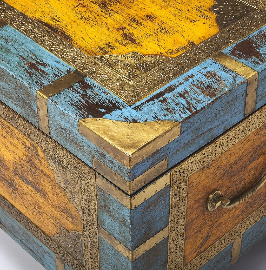 Hand Painted Brass Inlay Solid Wood Storage Trunk - Light Brown