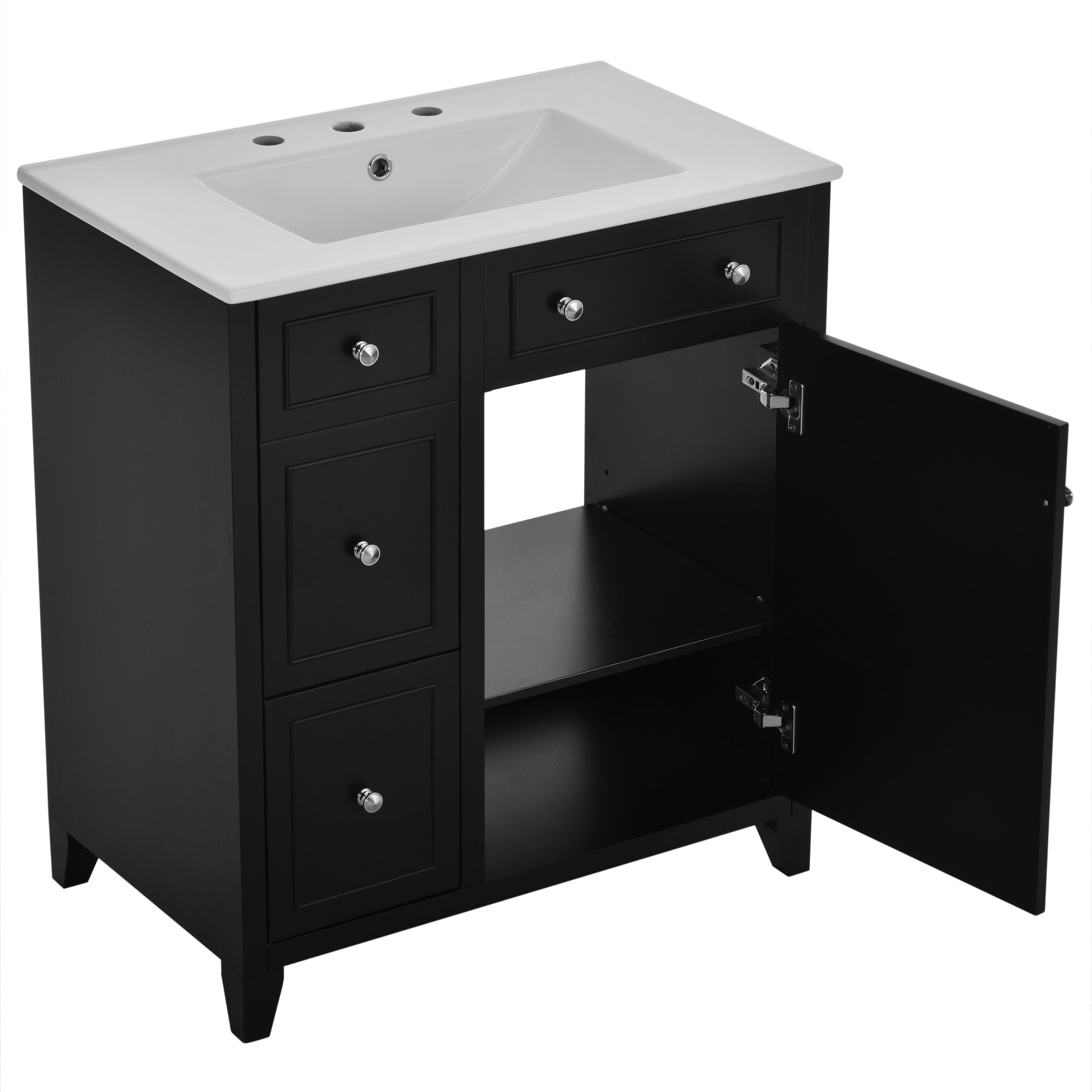 Bathroom Vanity Cabinet With Ceramic Basin, Double-Layer Drawer, Deep Drawer And Adjustable Shelf