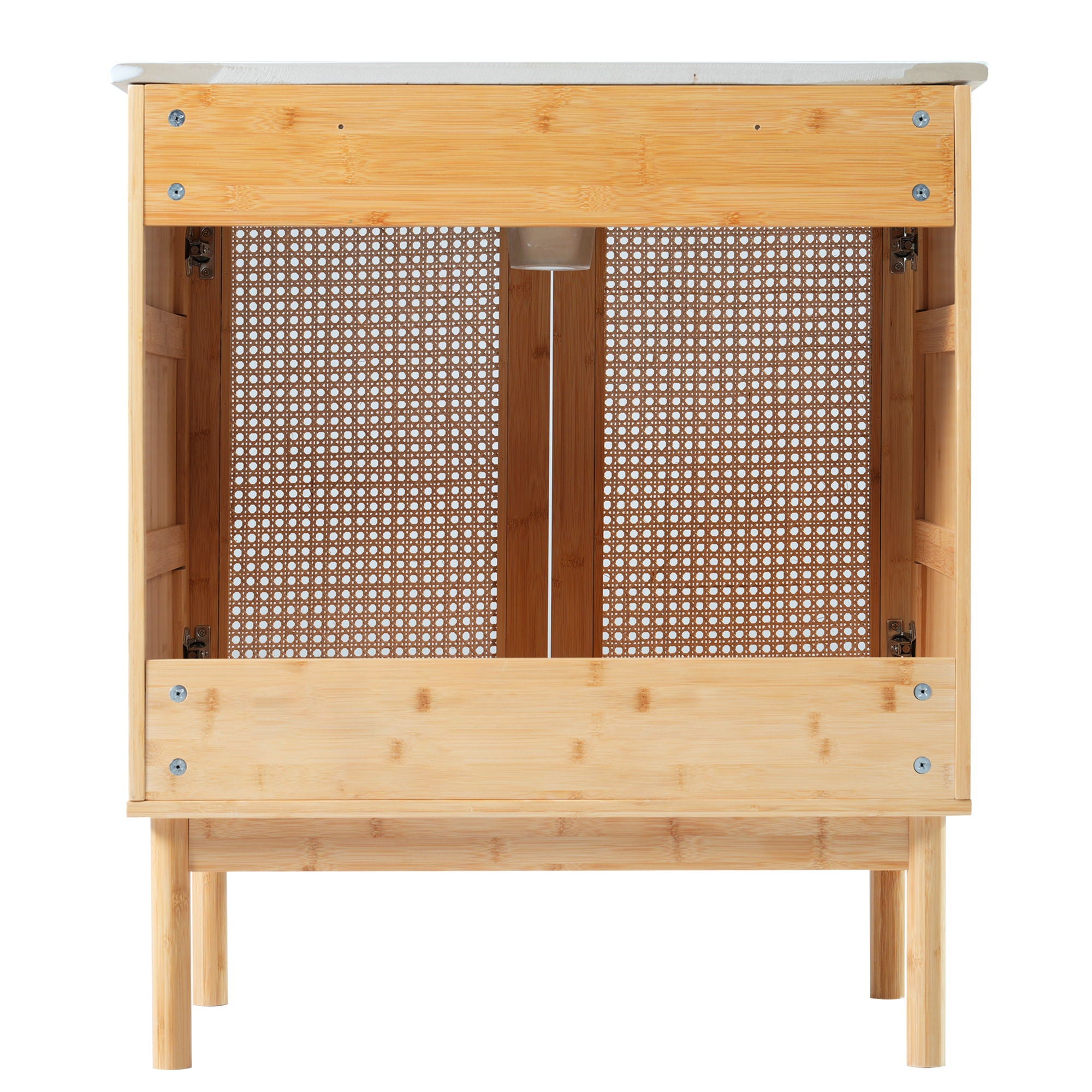 Bathroom Vanity Crafted From Natural Materials, Featuring Handmade Rattan Doors And Soft-Closing Mechanisms - Light Brown