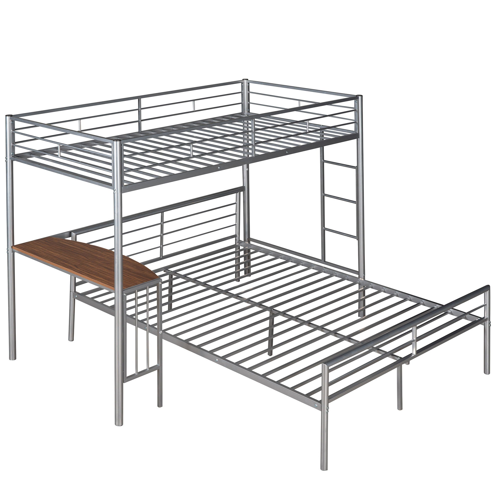 Twin Over Full Metal Bunk Bed With Desk, Ladder And Quality Slats For Bedroom - Silver