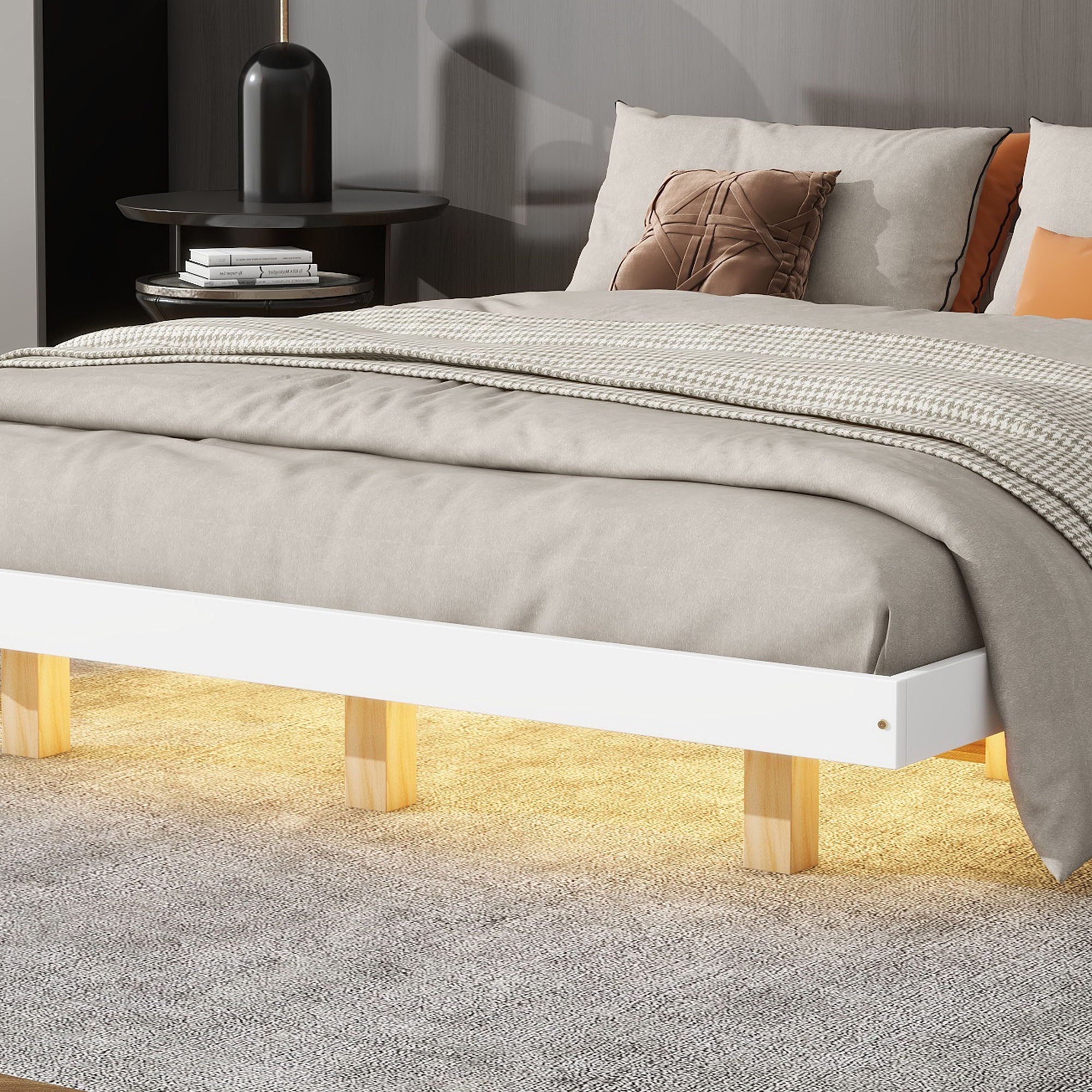 Floating Bed With Led Lights Underneath, Modern Queen Size Low Profile Platform Bed With Led Lights