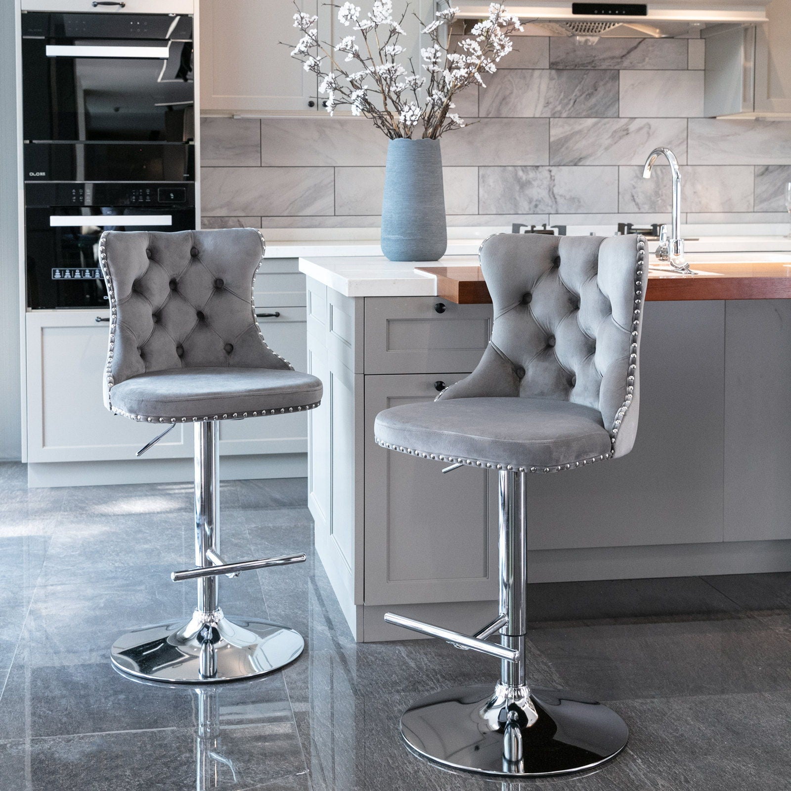 Swivel Velvet Barstools Adjusatble Seat Height From 25-33", Modern Upholstered Chrome Base Bar Stools With Backs Comfortable Tufted For Home Pub And Kitchen Island (Set of 2)