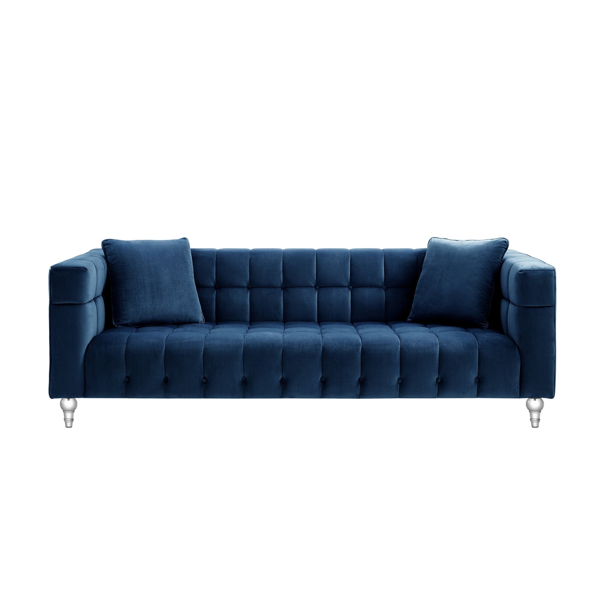 Velvet Sofa And Toss Pillows With Clear Legs - Navy Blue