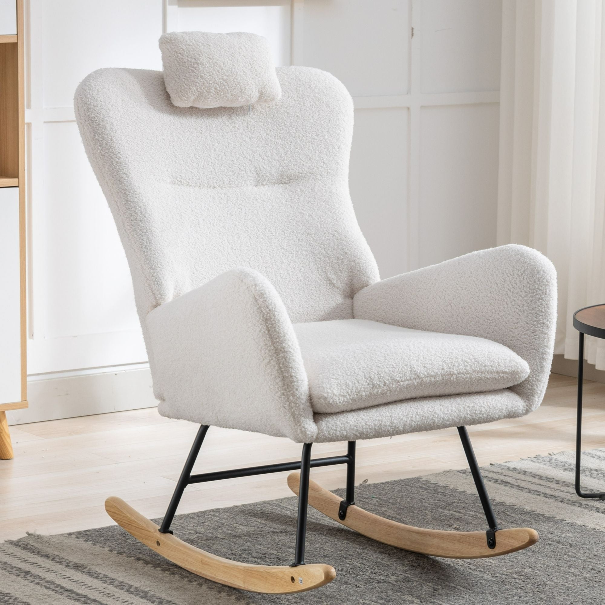 Rocking Chair With Pocket, Soft Teddy Fabric Rocking Chair For Nursery, Comfy Wingback Glider Rocker With Safe Solid Wood Base