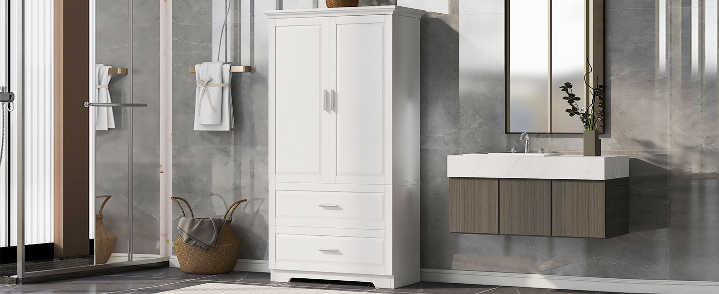 Tall Bathroom Storage Cabinet, Cabinet With Two Doors And Drawers, Adjustable Shelf, MDF Board - White