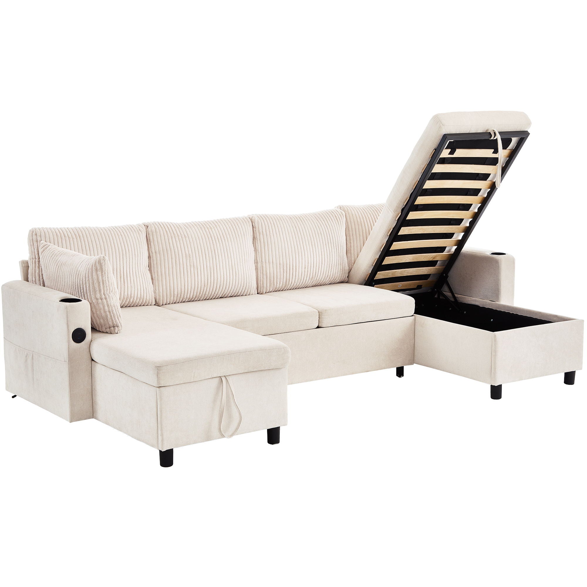 Sectional Sofa Pull Out Sofa Bed Versatile Sofa Sleeper With Large Storage Space, Two USB Ports And Two Cup Holders For Living Room