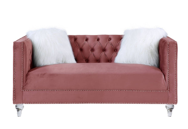 Velvet Love Seat And Toss Pillows - Pink / Silver