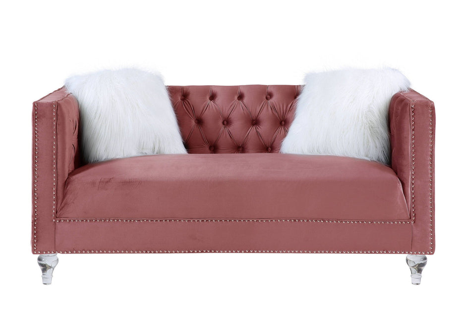 Velvet Love Seat And Toss Pillows - Pink / Silver