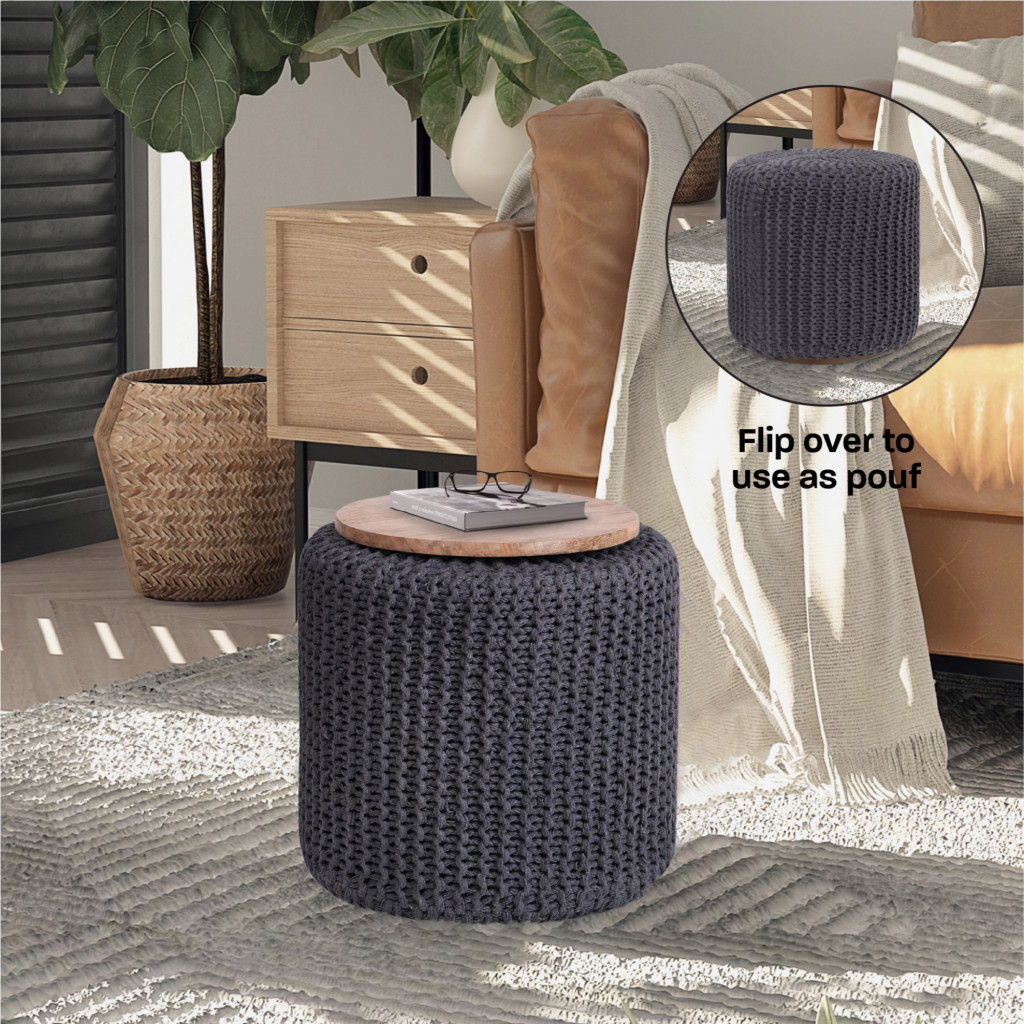 Cotton Blend Round Pouf Ottoman - Gray