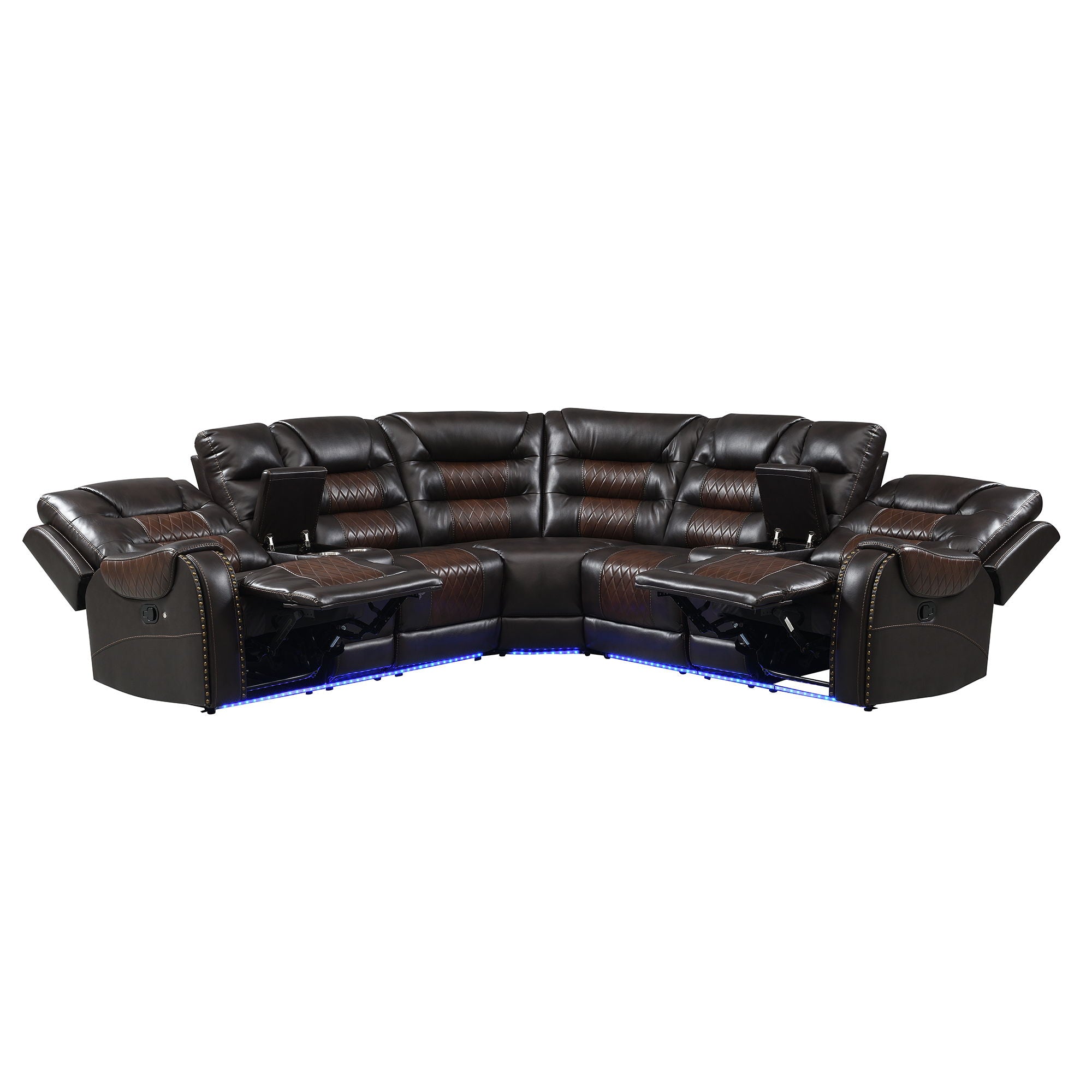 Manual Reclining Sectional Sofa Set L Shaped Symmetrical Motion Sofa Corner Couch Sets With Storage Boxes, 4 Cup Holders And Led Light Strip For Living Room - Brown