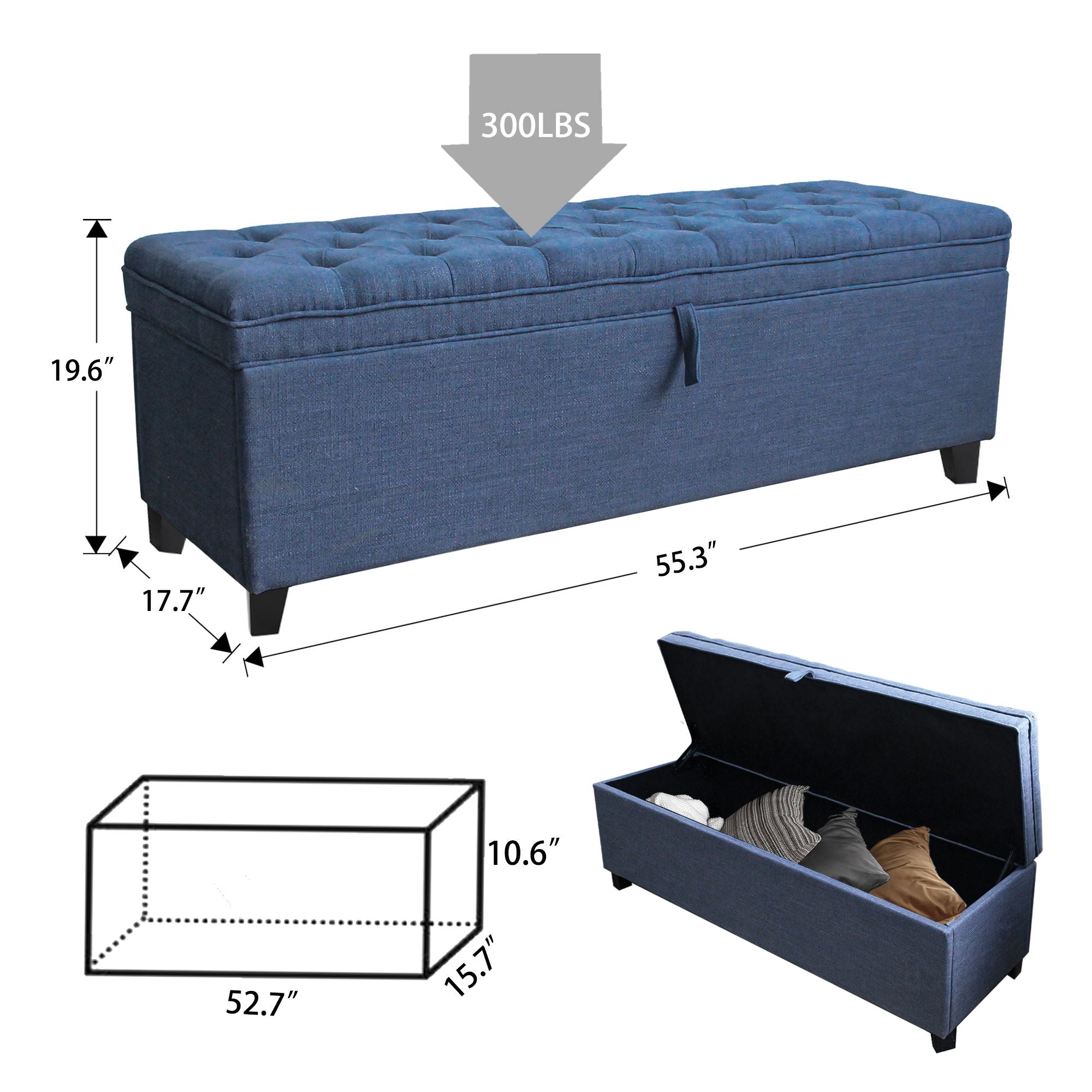 Extra Long Storage Ottoman Entryway Bench With Flip Top Storage Chest With Padded Seat Bed End Stool For Hallway Living Room Bedroom - Blue