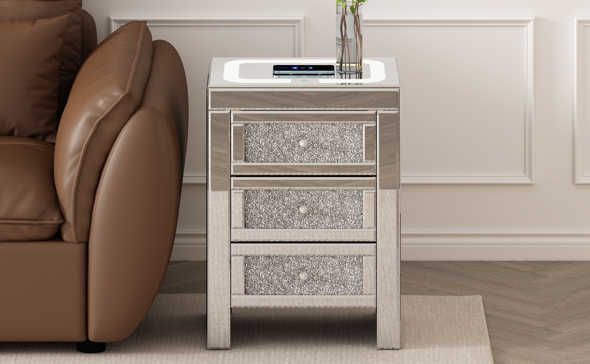 Rectangle Mirrored End Table With Wireless&Usb Charging, Modern Side Table With Led Lights, 3 Drawers With Crystal Style Handles For Living Room - Silver