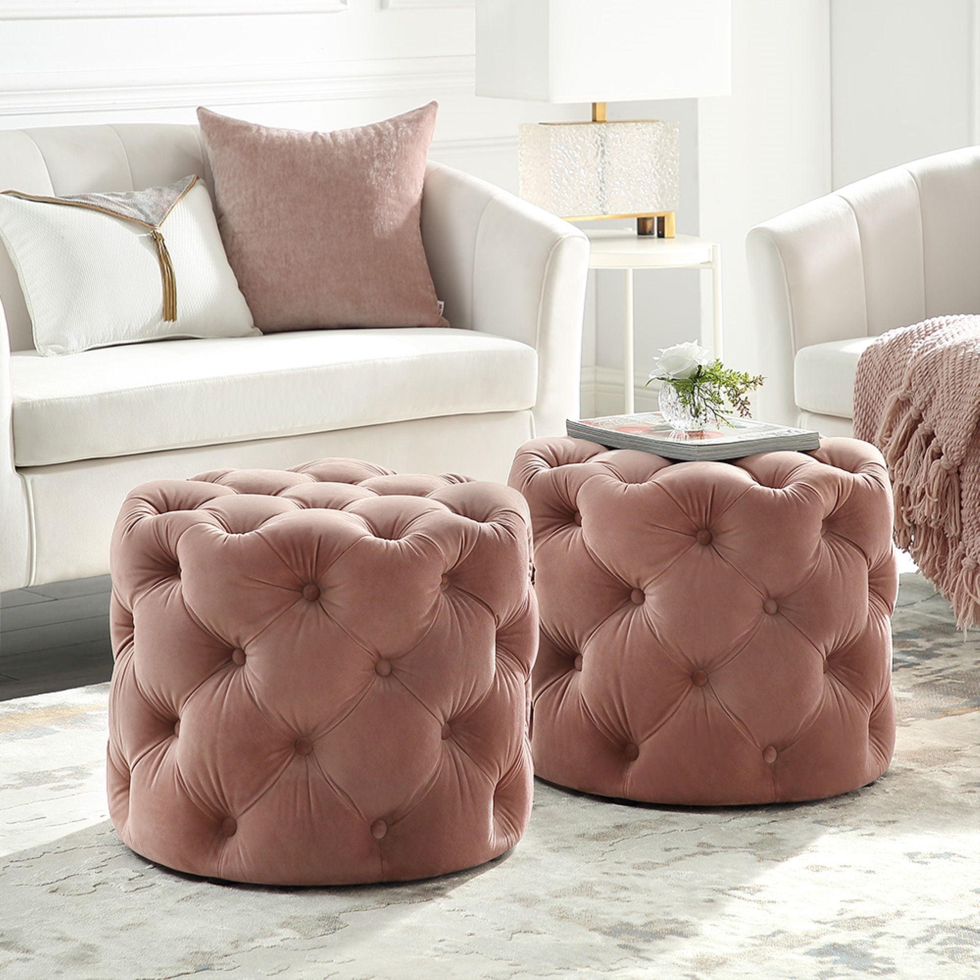 Velvet Tufted Round Ottoman - Blush