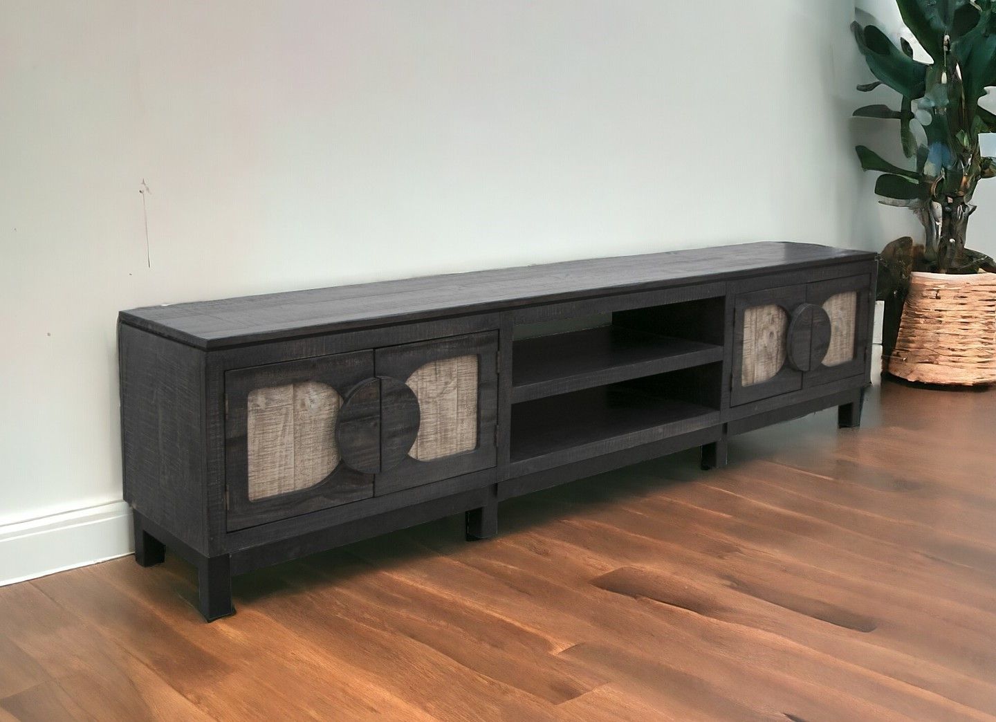 Solid Wood Cabinet Enclosed Storage Distressed TV Stand - Black