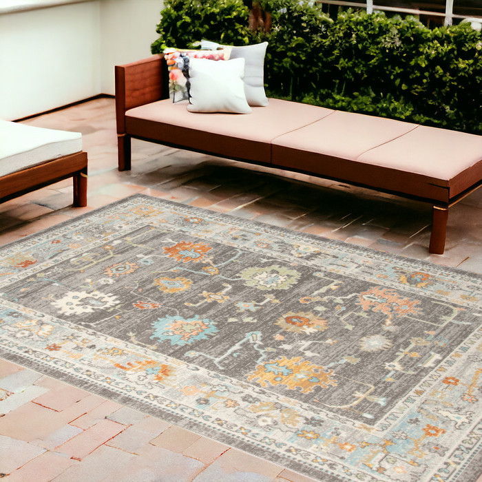 9' X 12' Floral Stain Resistant Indoor / Outdoor Area Rug - Gray / Orange