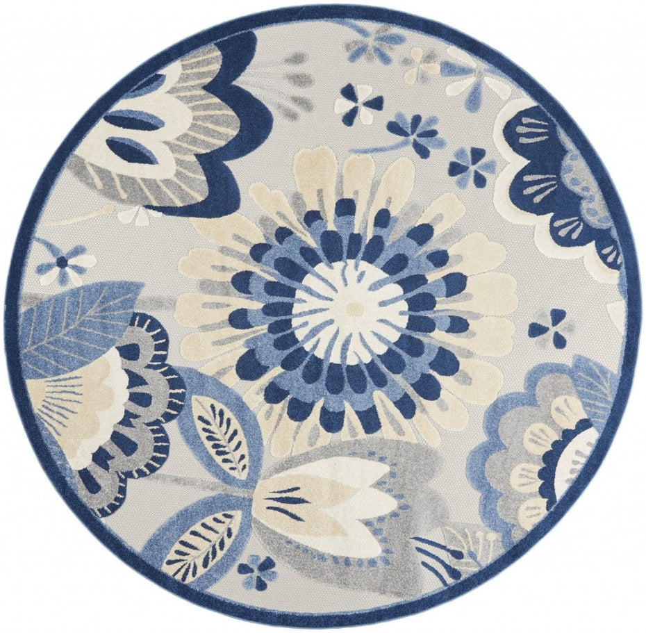 8' Round Round Floral Outdoor / Indoor Area Rug - Blue / Gray