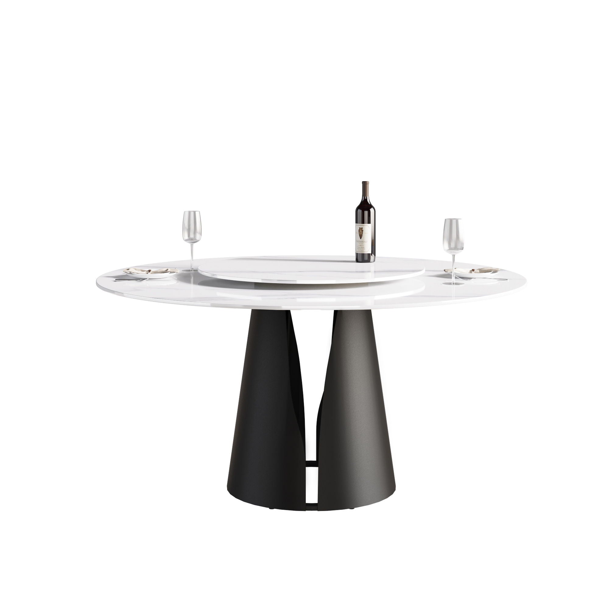 Modern Artificial Stone Round Carbon Steel Base Dining Table, Can Accommodate 6 People, Black Artificial Stone Turntable