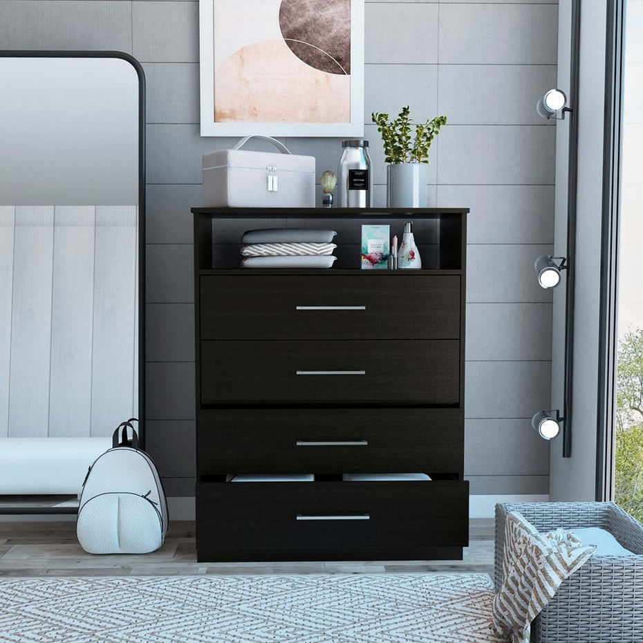 Modern Four Drawer Dresser With Hutch - Black