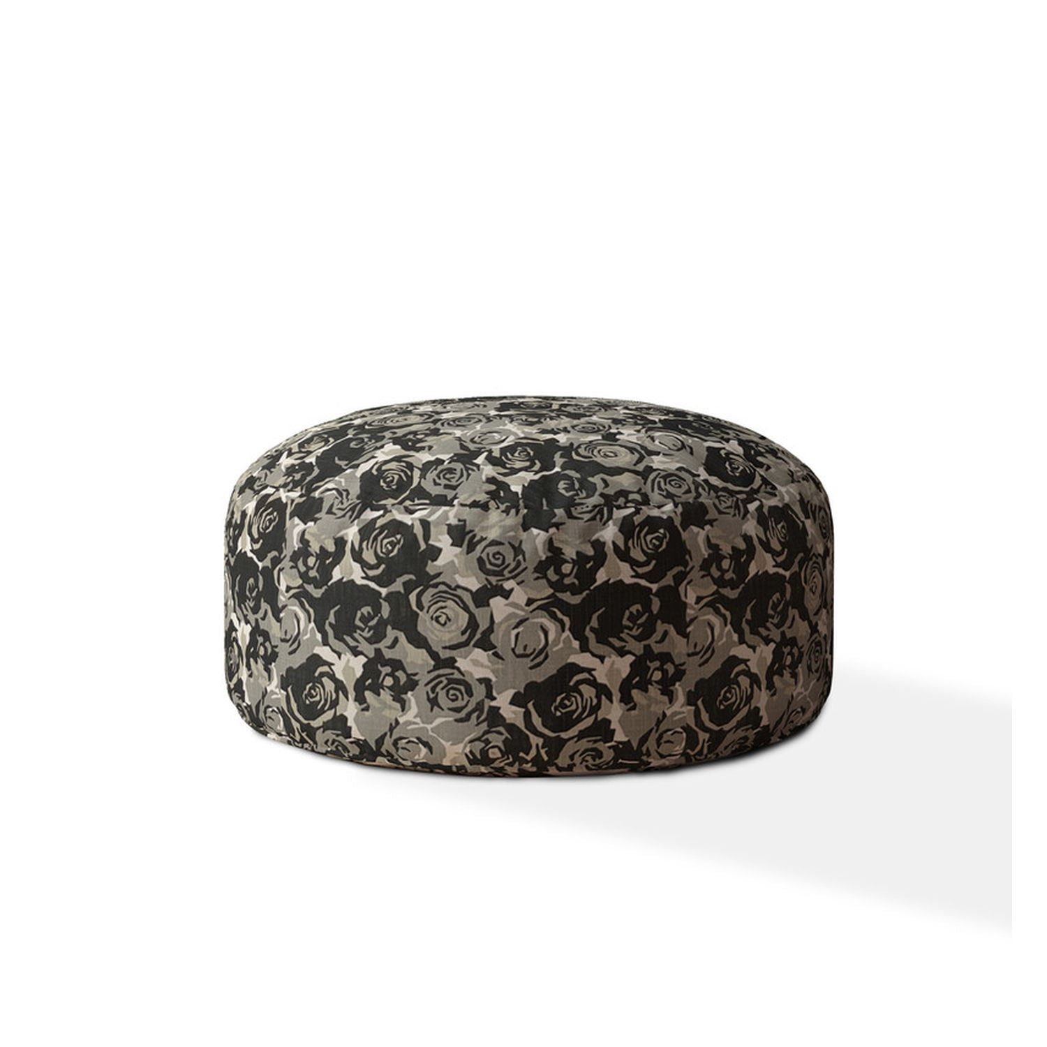 Canvas Round Floral Pouf Ottoman - Beige