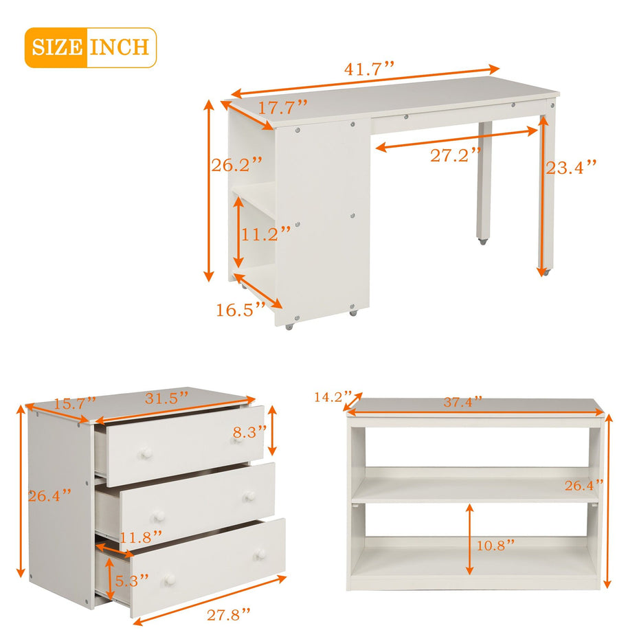 Low Twin Loft Bed With Cabinet and Desk - White