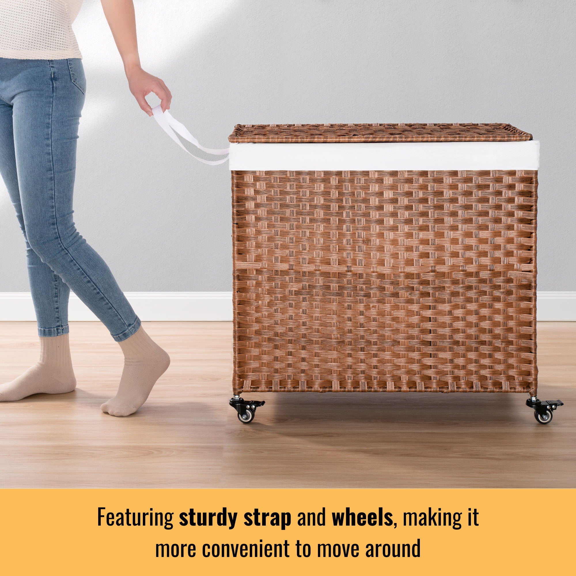 Laundry Hamper With Lid PE Rattan Powder Coating Frame Clothes Hampers With 2 Removable Bags