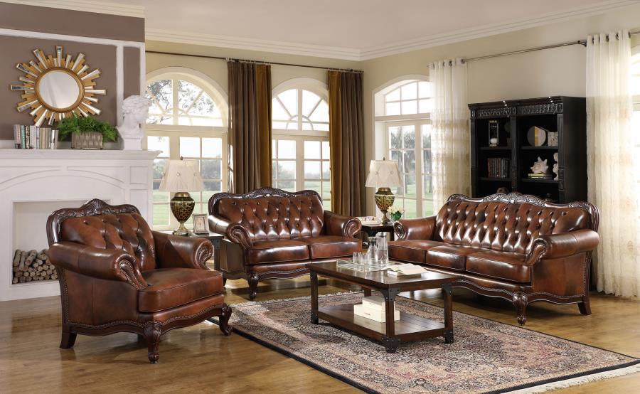 Victoria - Full Leather Upholstered Rolled Arm Loveseat - Brown