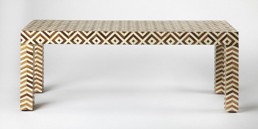 Teak And Bone Inlay Bench - Geo / Chevron