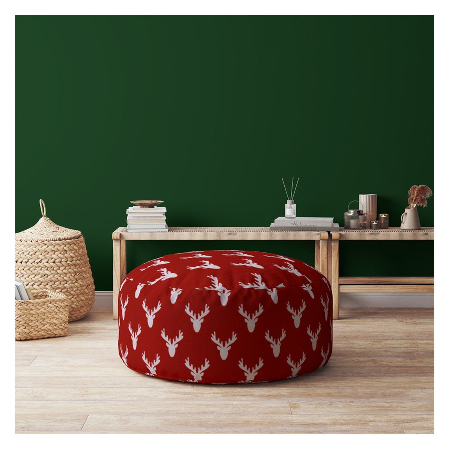 Cotton Round, Stag Pouf Ottoman - Red / White