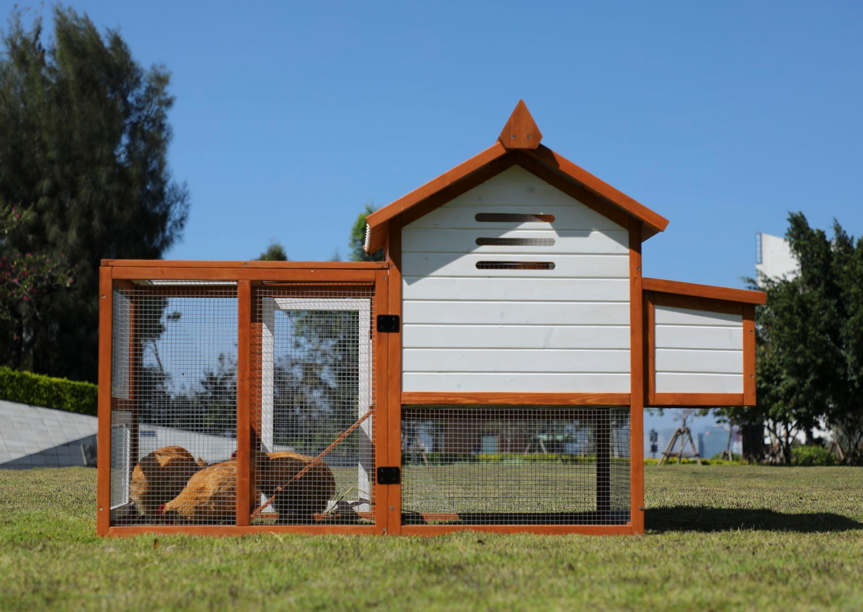 Weatherproof Outdoor Chicken Coop With Nesting Box, Hen House With Removable Bottom For Easy Cleaning, Poultry Cage, Rabbit Hutch, Wood Duck House - Brown / White